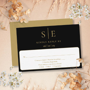 Schwarz-Gold-Minimalistisch-Monogramm-Hochzeit RSVP Karte