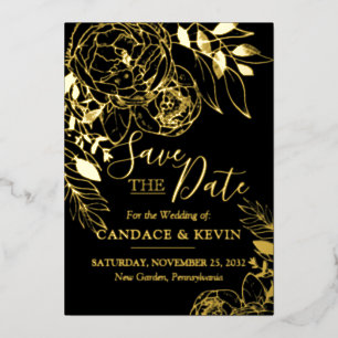 Schwarz & Gold Moderne Blumenperse Save the Date Folieneinladung