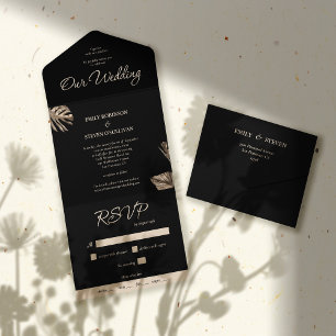 Schwarz & Gold Moderne botanische Hochzeit All In One Einladung