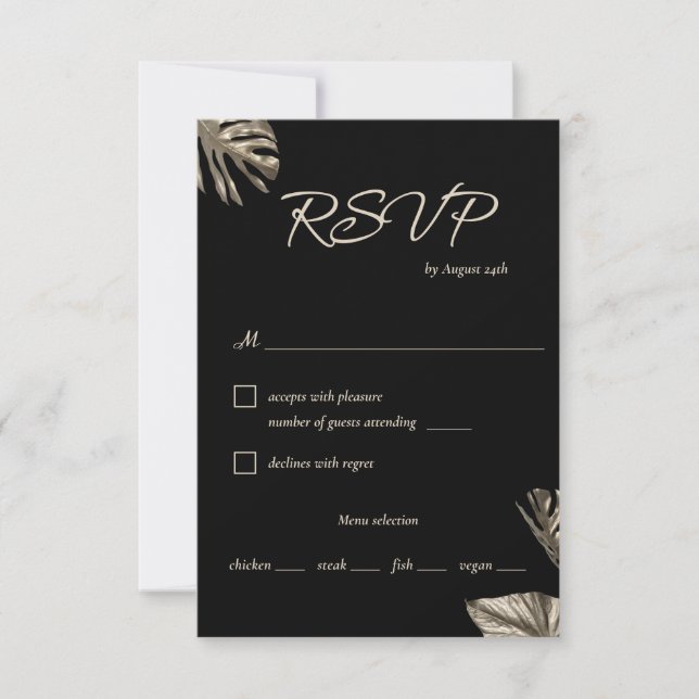 Schwarz & Gold Moderne botanische Hochzeit mit Ess RSVP Karte (Vorderseite)