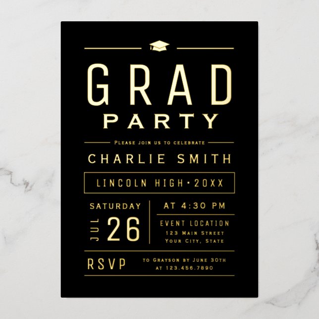 Schwarz & Gold Moderne einfache Typografie Grad Pa Folieneinladung (Vorderseite)