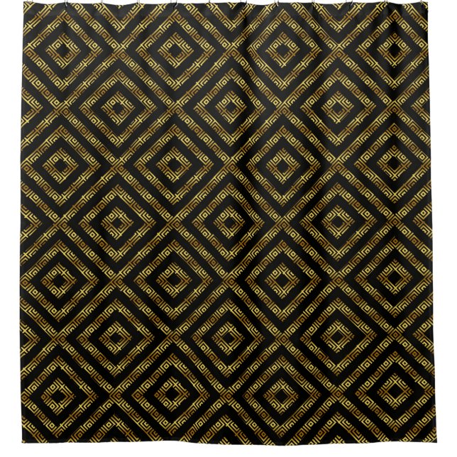 Schwarz & Gold Moderne Geometrie Nahtloses Muster Duschvorhang (Vorderseite)