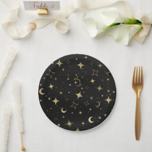 Schwarz & Gold Moderne Himmlische Mond Sterne Hoch Pappteller