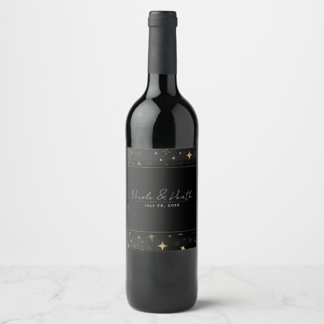 Schwarz & Gold Moderne Himmlische Mond Sterne Hoch Weinetikett (Vorderseite)