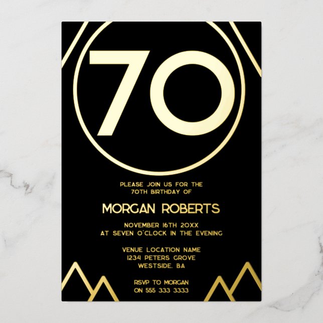 Schwarz & Gold Moderne Männer oder Frauen 70. Gebu Folieneinladung (Vorderseite)