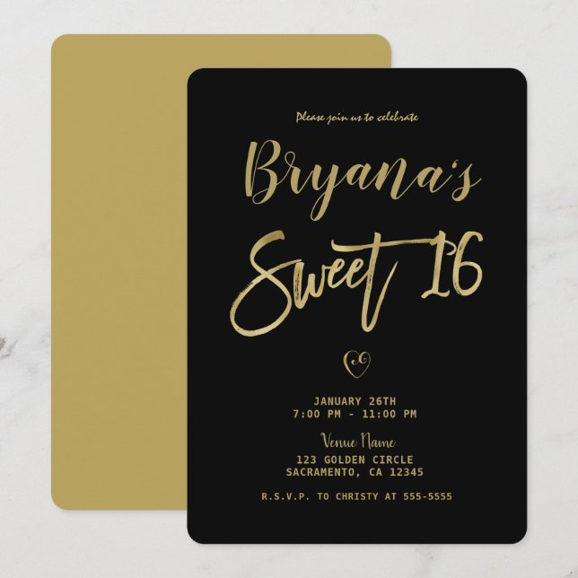 Schwarz & Gold Moderne Minimal Chic Sweet 16 Einladung (Vorne/Hinten)