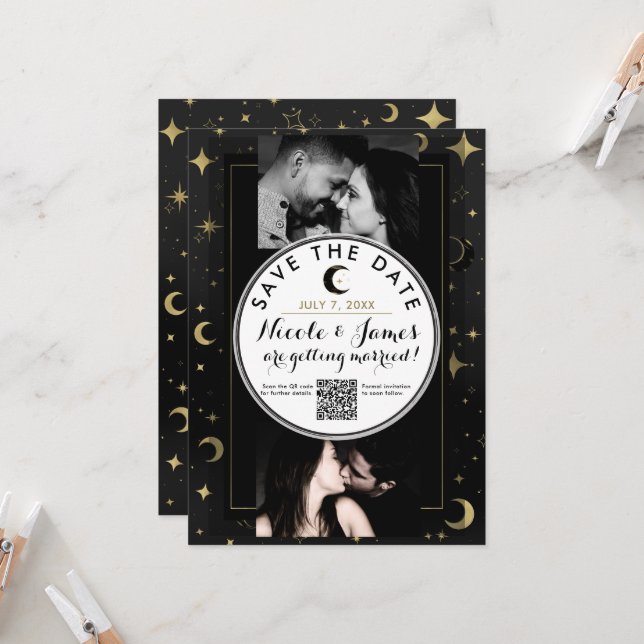 Schwarz & Gold Moderner Himmelsmond Save the Date (Vorderseite/Rückseite Beispiel)