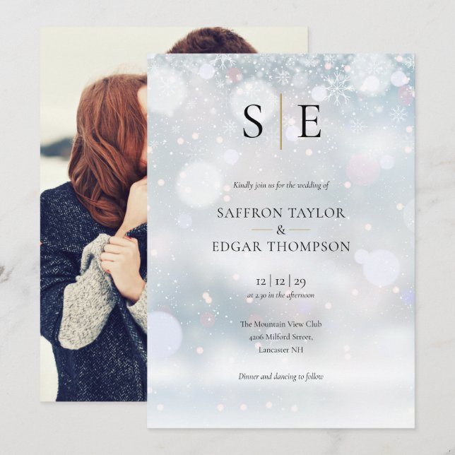 Schwarz-Gold Mongram Foto Winterhochzeit Einladung (Vorne/Hinten)