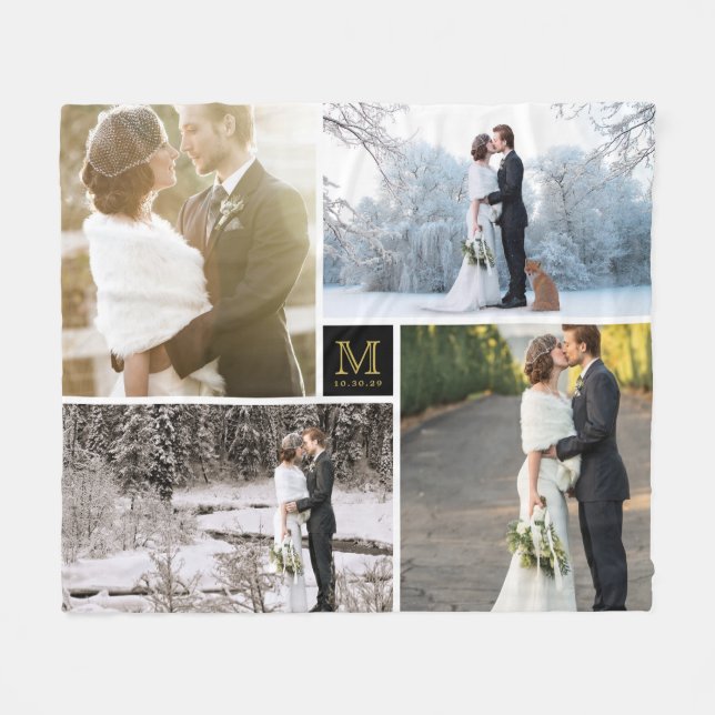Schwarz-Gold Monogram 4 Foto Collage Wedding Fleecedecke (Vorderseite (Horizontal))