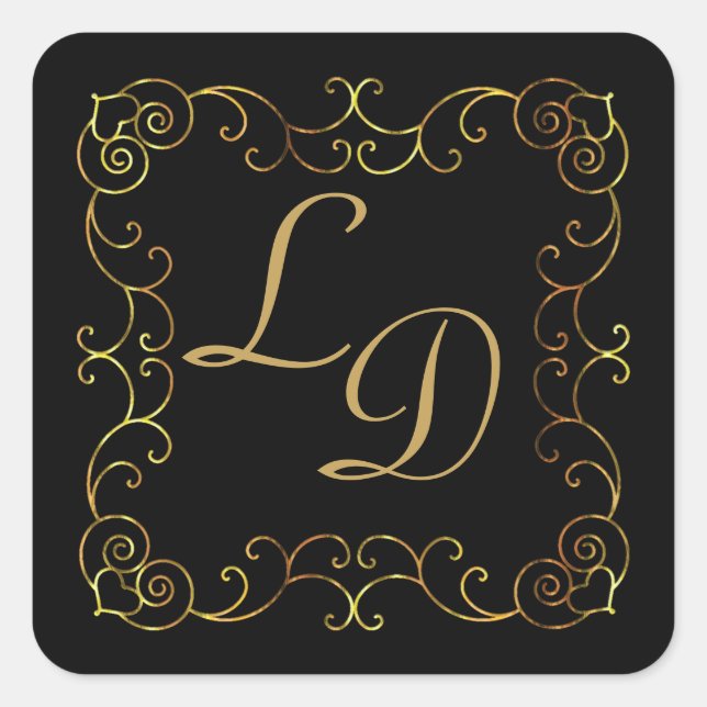 Schwarz-Gold-Monogramm-Aufkleber für die Hochzeit Quadratischer Aufkleber (Vorderseite)