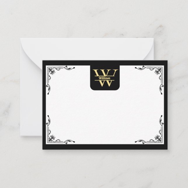 Schwarz-Gold-Monogramm | Elegantes Anfangsskript Mitteilungskarte (Vorderseite)