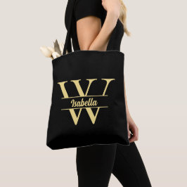 Schwarz-Gold-Monogramm | Elegantes Anfangsskript Tasche