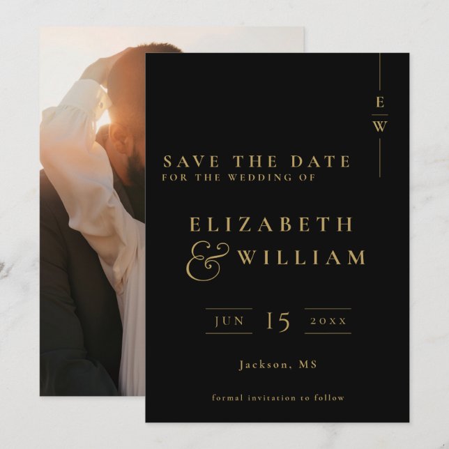 Schwarz-Gold-Monogramm-Foto-Hochzeit Save The Date (Vorne/Hinten)