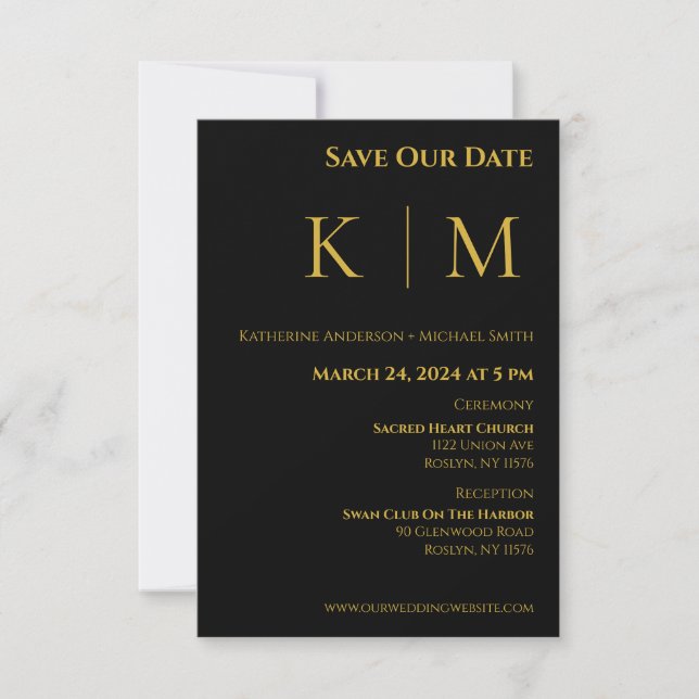 Schwarz-Gold-Monogramm-Hochzeit Save The Date (Vorderseite)