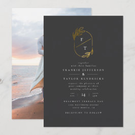 Schwarz-Gold-Monogramm | Minimalistisches Hochzeit Einladung