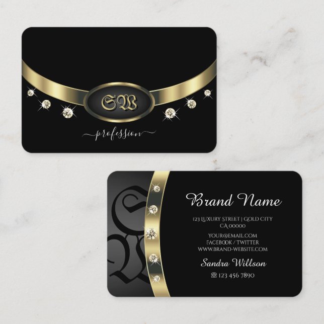 Schwarz-Gold-Monogramm und Diamanten Visitenkarte (Vorne/Hinten)
