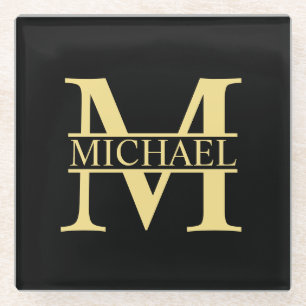 Schwarz-Gold-Monogramm und Personalisierter Name Glasuntersetzer