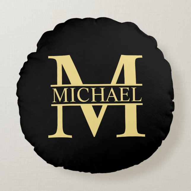 Schwarz-Gold-Monogramm und Personalisierter Name Rundes Kissen (Vorderseite)