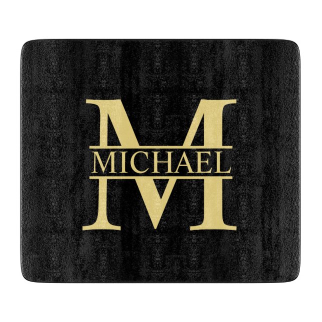 Schwarz-Gold-Monogramm und Personalisierter Name Schneidebrett (Vorderseite)