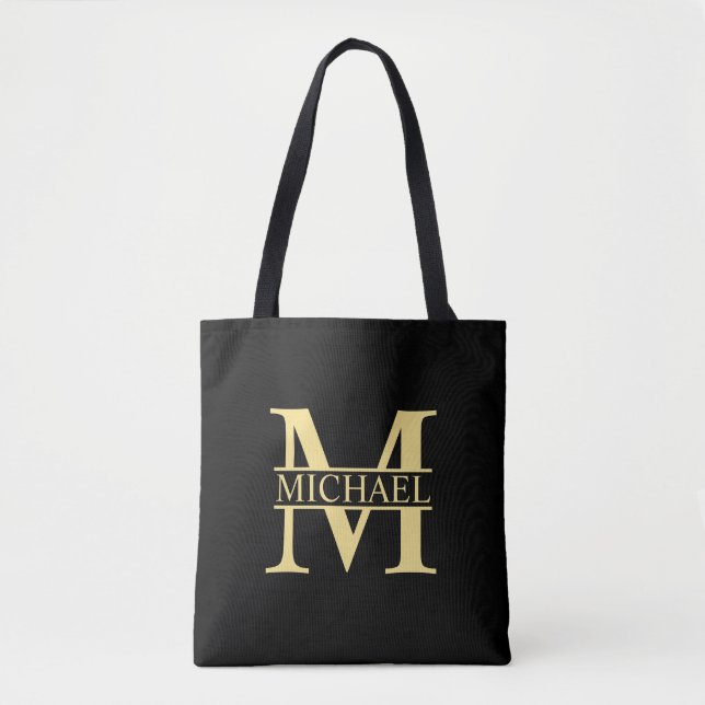 Schwarz-Gold-Monogramm und Personalisierter Name Tasche (Vorderseite)
