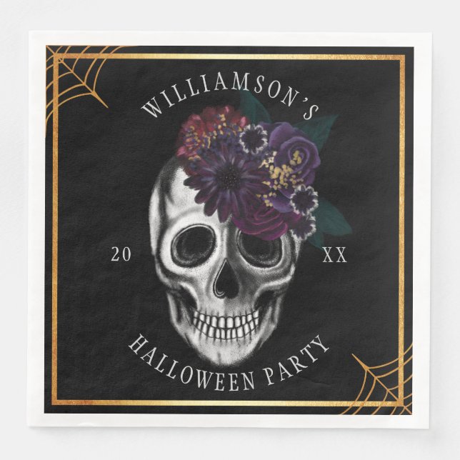 Schwarz-Gold-Moody-BlumenHalloween-Skull-Party Serviette (Vorderseite)