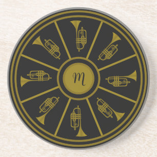 Schwarz-Gold-Motiv mit Trompeten und Monogramm Getränkeuntersetzer