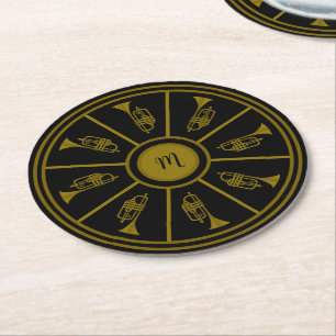 Schwarz-Gold-Motiv mit Trompeten und Monogramm Runder Pappuntersetzer