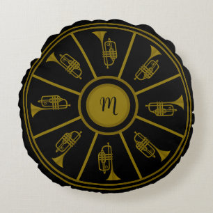 Schwarz-Gold-Motiv mit Trompeten und Monogramm Rundes Kissen