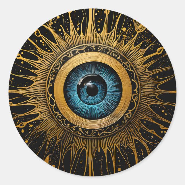 Schwarz-Gold Occulus Blue Evil Eye Sternexplosion Runder Aufkleber (Vorderseite)