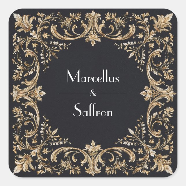 Schwarz-Gold-Oral-Hochzeitsticker Quadratischer Aufkleber (Vorderseite)