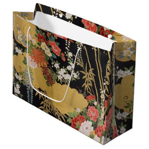 Schwarz-Gold-Orientalisch-Kimono-Flora Große Geschenktüte
