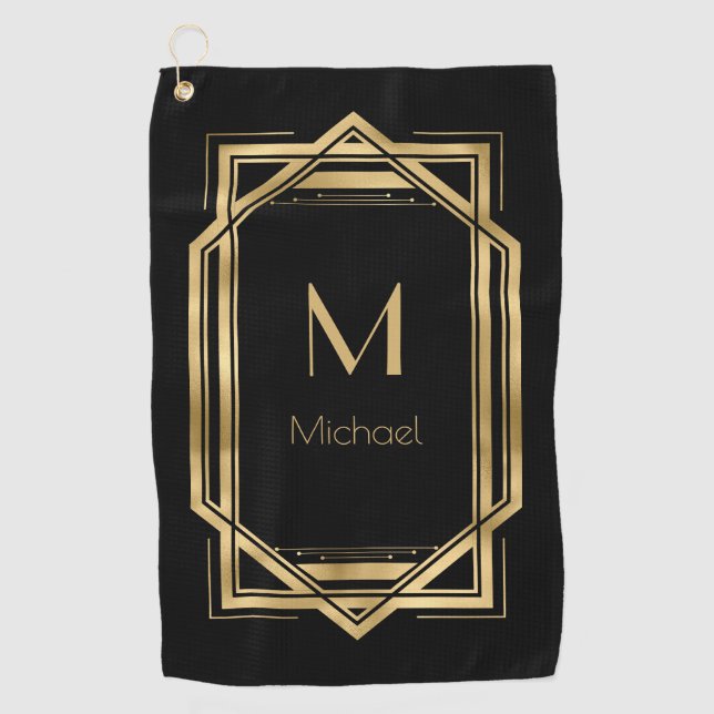 Schwarz-Gold-Personalisiert-Monogramm | Geometrisc Golfhandtuch (Vorderseite)