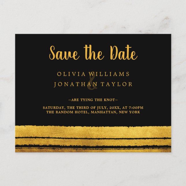 Schwarz-Gold-Pinselstriche Save the Date Postard Ankündigungspostkarte (Vorderseite)
