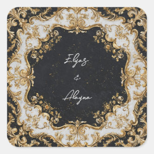 Schwarz-Gold-Rokoko-Rahmen-Hochzeitsticker Quadratischer Aufkleber