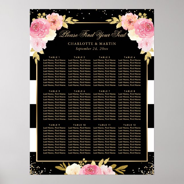 Schwarz-Gold-Rosa-Blütendecke Hochzeitskarte 12 Poster (Vorne)