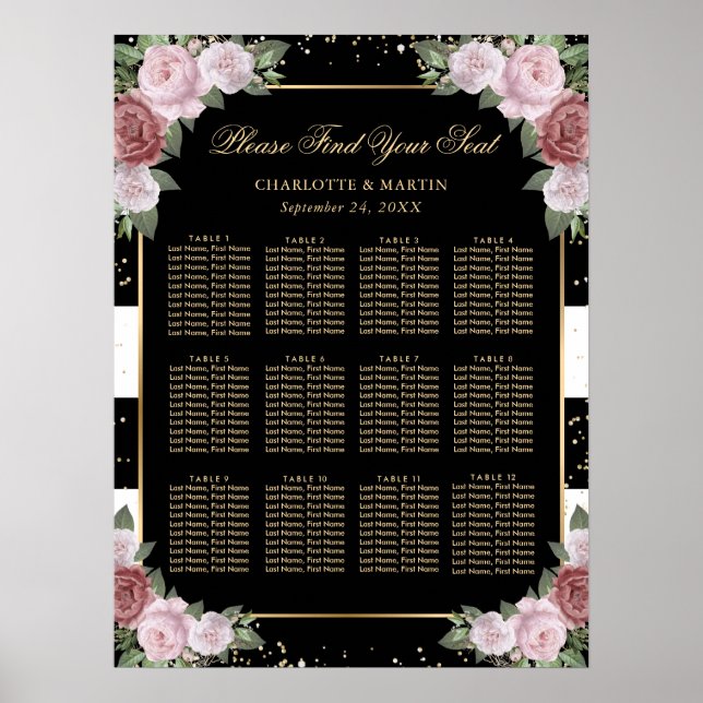 Schwarz-Gold-Rosa-Blütendecke Hochzeitskarte 12 Poster (Vorne)