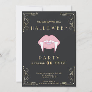 Schwarz-Gold-Rosa-Vampir-Lippen-Halloween Einladung