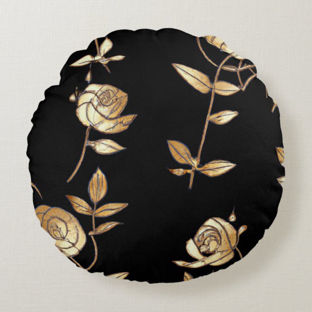 Schwarz-Gold-Rose-Blumenmuster Rundes Kissen (Vorderseite)