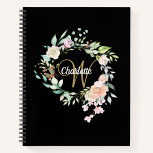 Schwarz-Gold-Rose-Monogram-Girlanschrift Notizbuch