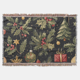 Schwarz-Gold-Rot-Weihnachts-Stechpalmen-Muster Decke