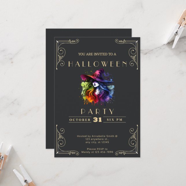 Schwarz-Gold-Rotzunge-Halloween Einladung (Vorderseite/Rückseite Beispiel)