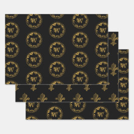 Schwarz-Gold-Rustikal-Vintages gestörtes Monogramm Geschenkpapier Set