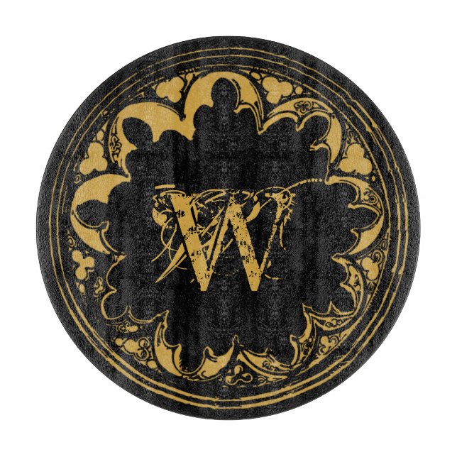 Schwarz-Gold-Rustikal-Vintages gestörtes Monogramm Schneidebrett (Vorderseite)