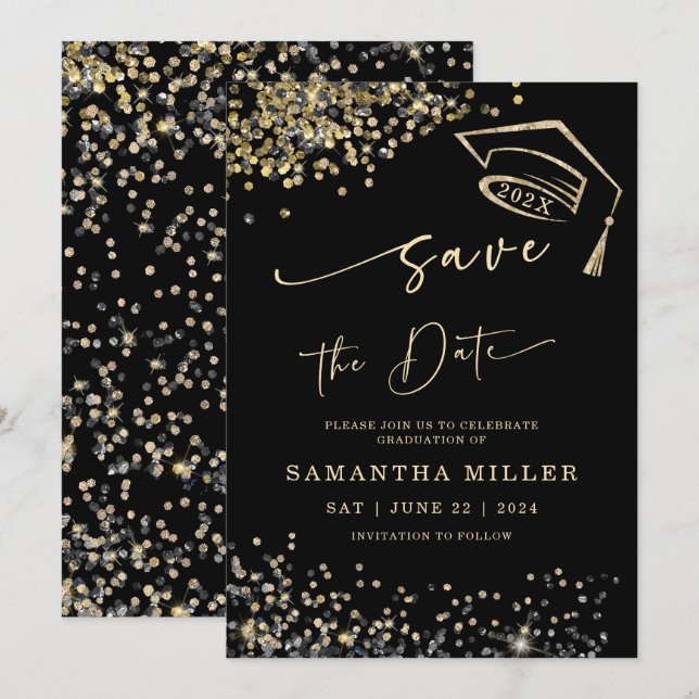 Schwarz-Gold-Save the Date-Abschluss Einladung (Vorne/Hinten)