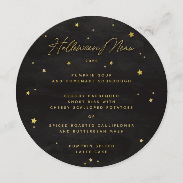 Schwarz/Gold-Scattered Stars Square/Round Hallowee Menükarte (Vorderseite)