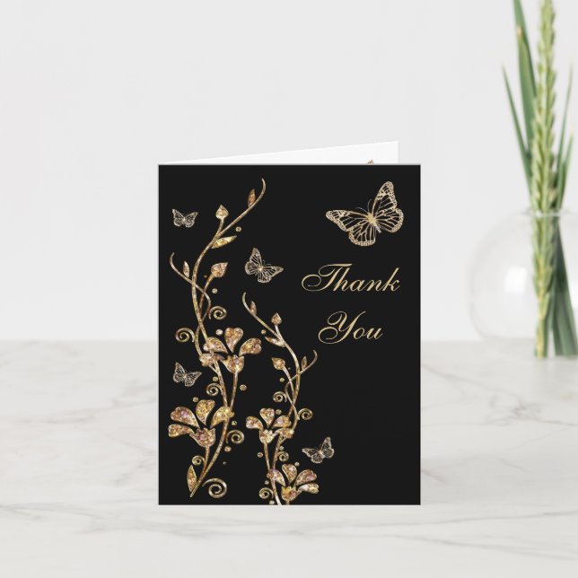 Schwarz, Gold Schmetterling Floral Danke Note Card (Vorderseite)