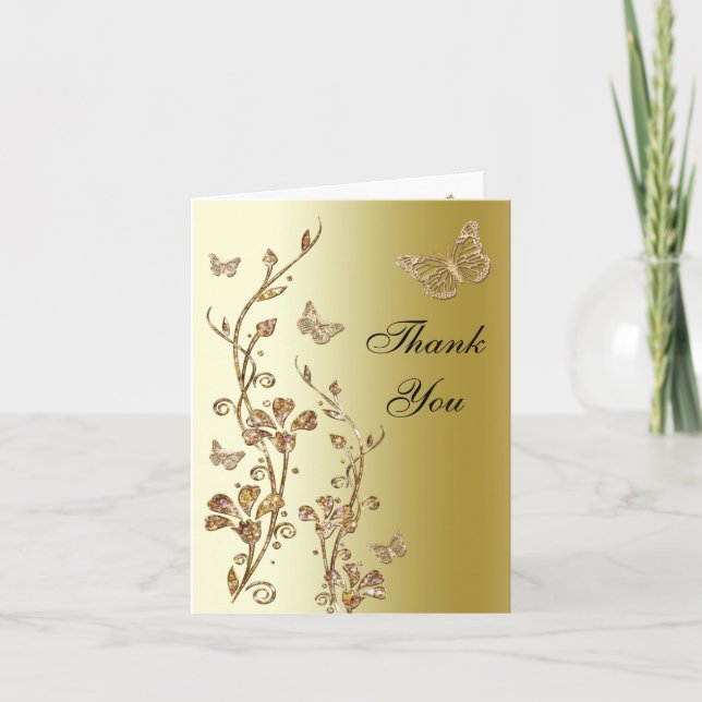 Schwarz, Gold Schmetterling Floral Danke Note Card (Vorderseite)