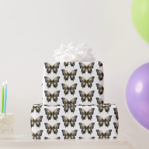 Schwarz-Gold-Schmetterling Weißes Muster Halloween Geschenkpapier