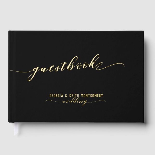 Schwarz-Gold-Script-Elegante Hochzeit 2 Gästebuch (Vorderseite)