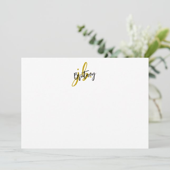 Schwarz-Gold-Script-Monogramm Mitteilungskarte (Stehend Vorderseite)